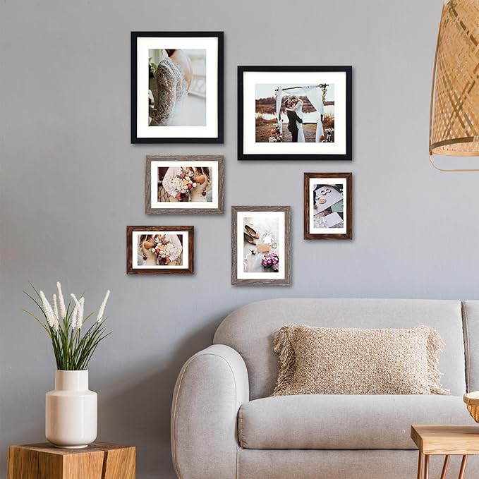 Fixwal Picture Frames Set, 15 Pack Wall Frame Set in 3 Different Finishes with Mat for Multiple Sizes Photos, Three 8x10, Six 5x7, Six 4x6 for Wall Gallery Decor, Hanging or Tabletop Display