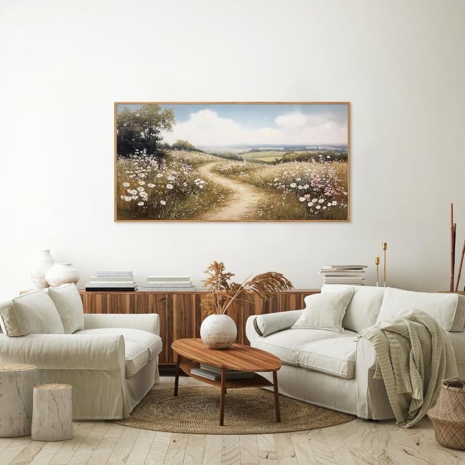 Rantodecor Rustic French Country Framed Canvas Wall Art, Vintage Flower Field Wall Decor, Calming Nature Landscape Art Paintings, Modern Wildflower Artwork for Farmhouse Bedroom Living Room 40"x20"