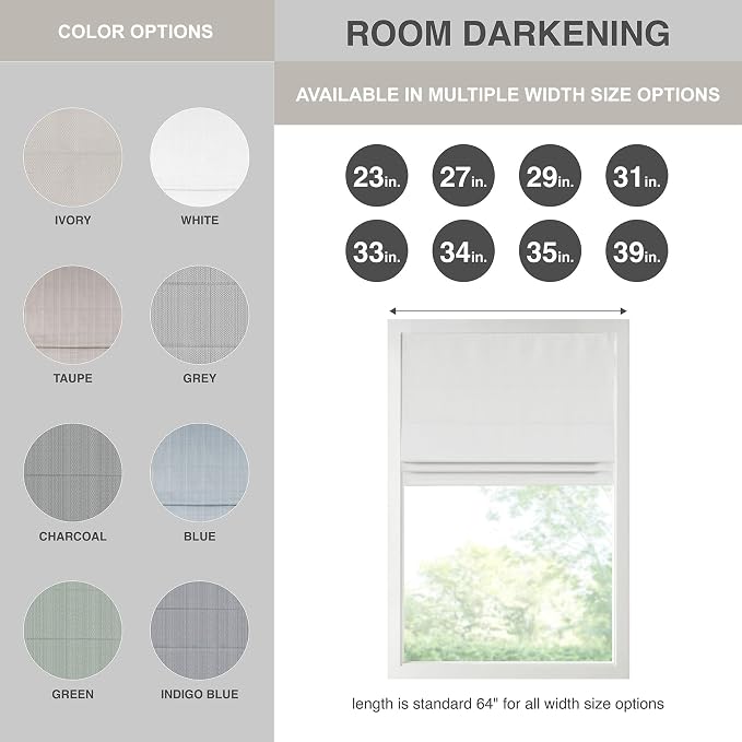 Madison Park Galen Cordless Roman Shade, 27"W x 64"H, Sheen White – Room Darkening, Thermal Insulated, Energy Efficient Window Blind with Subtle Sheen Basketweave Fabric for Privacy