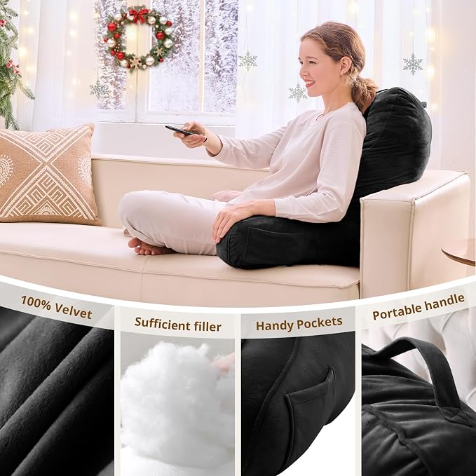 Sasttie Reading Pillow for Bed - 23 Inch, Back Pillow for Bed Sitting Up, Back-Rest Support Cushion with Side Pockets and Arms, Dorm Essentials, Oeko-Tex Certified, Black