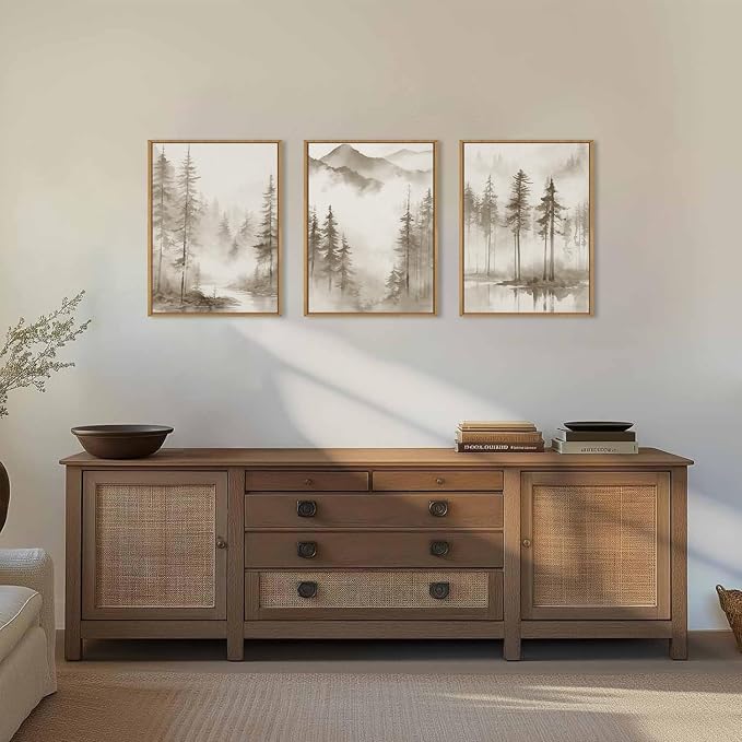 HPNIUB Foggy Mountain Forest Framed Wall Art Set,Abstract Misty Woodland Wall Decor,Neutral Pine Tree Farmhouse Art Print,Modern Nature Landscape Artwork for Living Room, Bedroom,Office-12 x16 x3