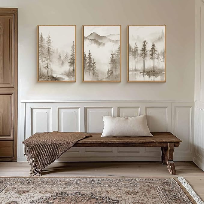 HPNIUB Foggy Mountain Forest Framed Wall Art Set, Abstract Misty Woodland Wall Decor,Neutral Pine Tree Farmhouse Art Print,Modern Nature Landscape Artwork for Living Room, Bedroom,Office-24 x36 x3