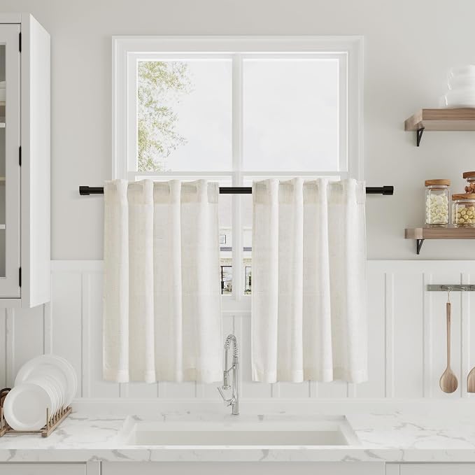 Nanspring Boho Kitchen Linen Curtains 24 Inch Length Curtains Small Window Drapes Farmhouse Cafe Rustic Airy Flax Country Back Tab Rod Pocket Bathroom Curtain Over Sink 2 Panels Cream 24Wx24L