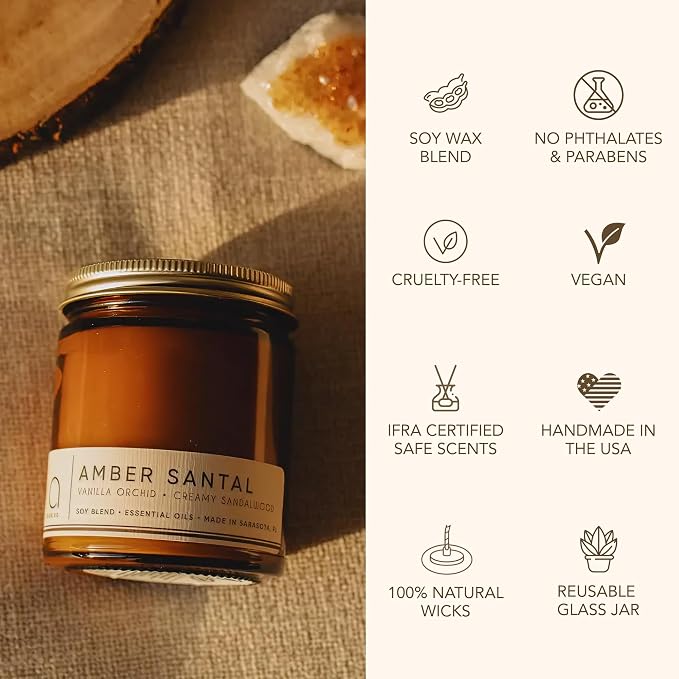Bia Candle Co Amber Santal Soy Candle, Sandalwood Amber Vanilla Scent, Perfume Inspired, Hand Poured USA, High Fragrance Load, Lead-Free Wick, Reusable Glass Jar, Warm Romantic, 7 oz