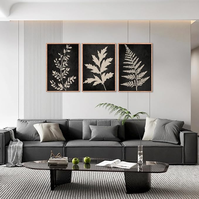 Black Tan Fern Leaf Framed Canvas Wall Art Set, Minimalist Botanical Wall Decor, Nature Fern Plant Silhouette Wall Painting, Modern Rustic Art Print for Living Room, Bedroom, Office -36"x24"x3