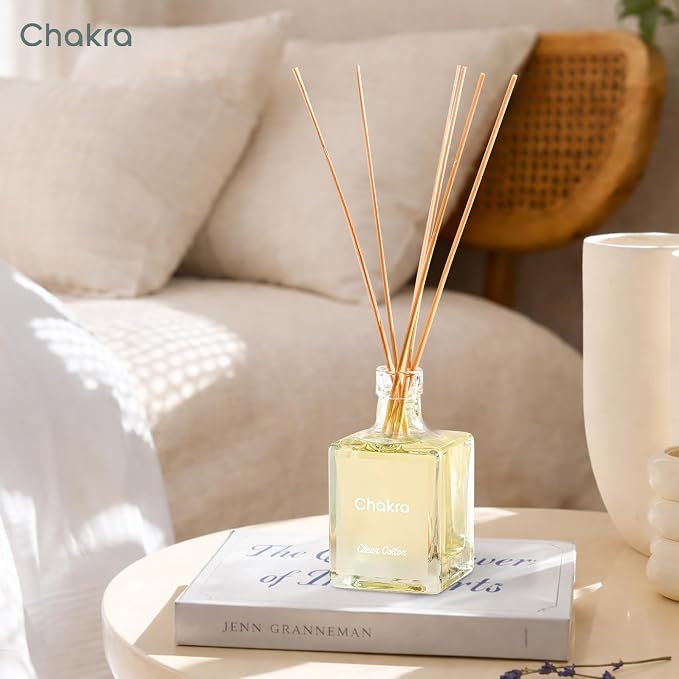 Chakra Reed Diffuser Set - Reed Diffusers for Home, Office and Living Spaces with Long-Lasting Fragrance, Scent Diffuser with Decorative Glass Bottle & Bamboo Sticks, 3.3 fl oz, Clean Cotton