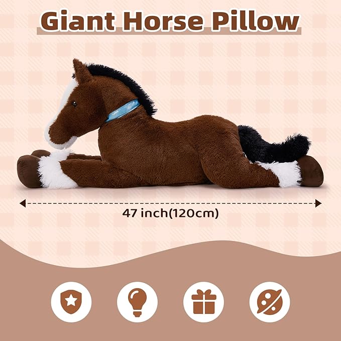 Tezituor 4ft Realistic Horse Stuffed Animal, 47inches Chocolate Stuffed Horse Farm Plush Toy, Hugging Soft Pony Plush Body Pillow Theme Decor Gift for Boys Girls