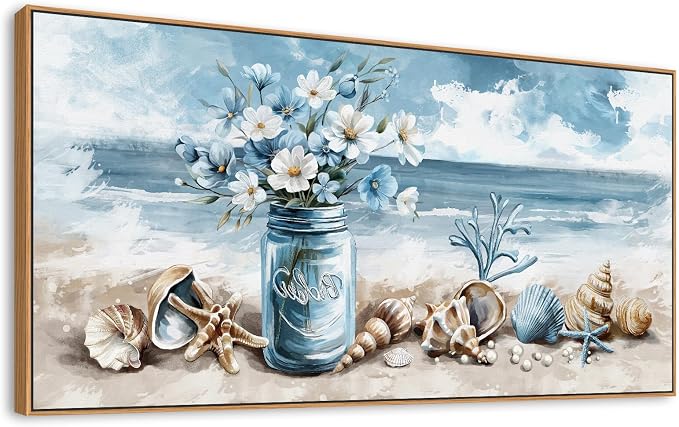 yearainn Coastal Framed Wall Art - Rustic Jar Flowers Canvas Pictures Wall Decor Seashells Seaside Painting Artwork Ocean Landscape Prints Living Room Office Home Decor Natural Wood Frame 40" x 20"