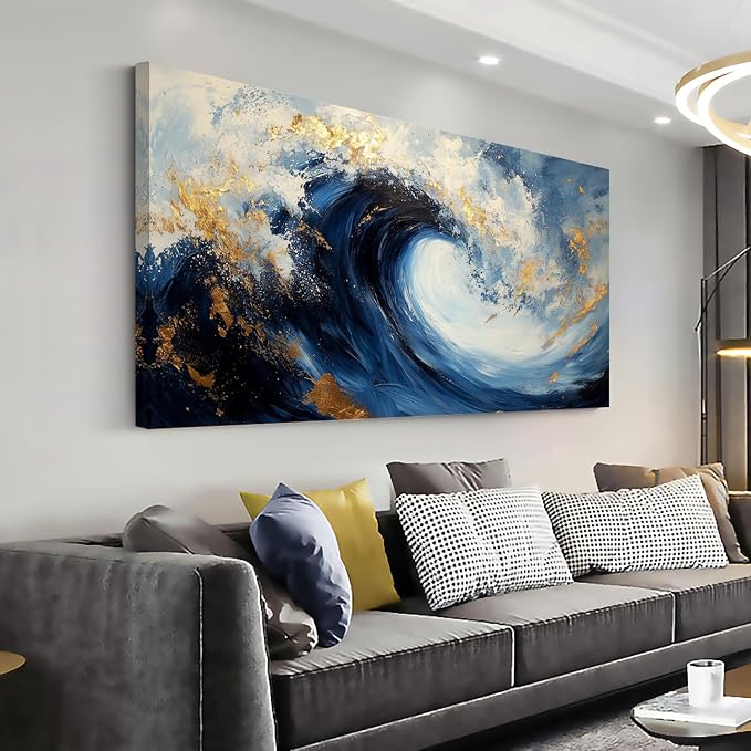 Ggaafet Navy Blue Waves Wall Art for Living Room Canvas Painting Prints Beautiful Ocean Sea Gold Art Deco Modern Artwork Office Bedroom Family Room Decor Extra Large