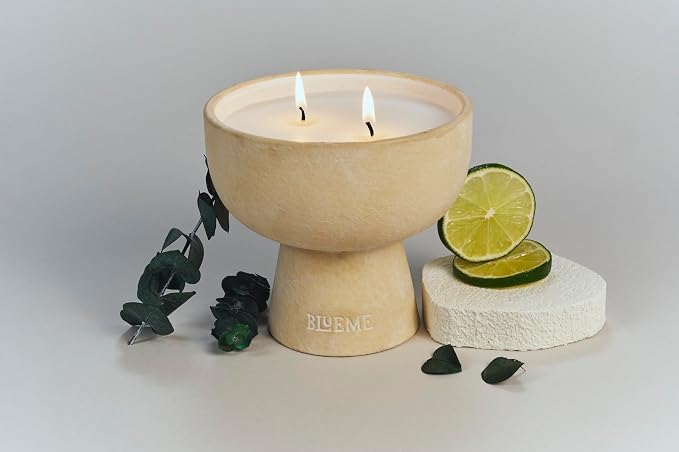 Blueme Focus Candle | Eucalyptus & Lime | 2 Wick - Refillable Wellness Candle with Essential Oils, Hand Finished & Poured Soy Wax Blend Ceramic Vessel, Natural Cotton Wicks | Medium 12 oz