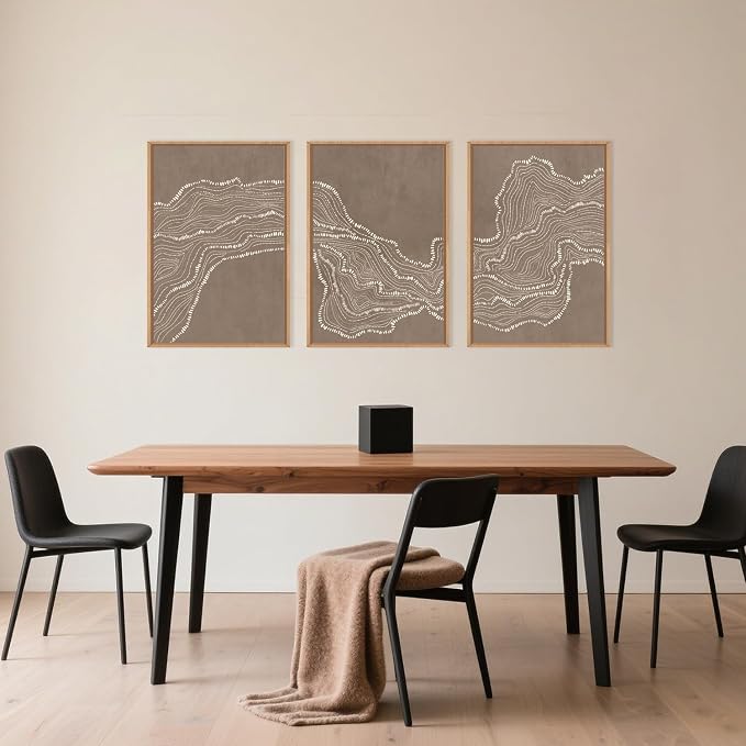 Abstract Line Wave Framed Canvas Wall Art Set,Geometric White Tan Art Painting,Modern Minimalist Wall Decor,Neutral Brown Artwork for Living Room,Bedroom,Dining Room,Office-16 x24 x3