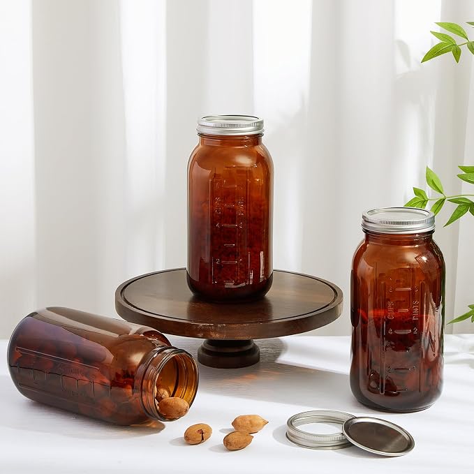 Norme 12 Pcs 64 oz Glass Mason Jars Glass Mason Jars Canning Container Set Embossed Half Gallon Fermenting Container with Airtight Lids for Canning Freezing Preserving Beverages Decor (Amber)