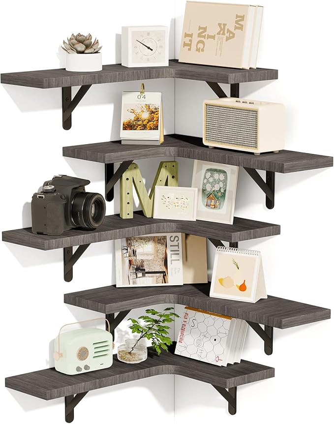 Fixwal Floating Shelves for Wall, Rustic Wood Wall Mounted Corner Shelf for Bathroom, Kitchen, Bedroom, Home Decor, Laundry Room, Living Room, Set of 5 (Weathered Grey)