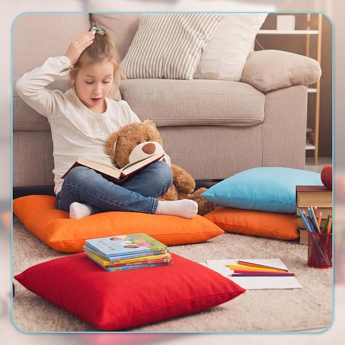 CroBlissful 4 Pieces Extra Large Floor Pillow Set, 27 x 27 x 8 Inch Kids Jumbo Floor Pillows Flexible Seating for Classroom Reading Corner Playrooms Home School, Waterproof(Assorted Colors)