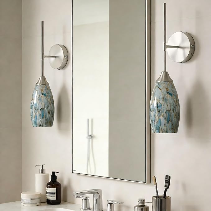 Brushed Nickel Battery Operated Wall Sconces Set of 2, Rechargeable Wireless Wall Lights, Touch & Remote Control, Dimmable 3 Color Temperatures, Magnetic Mount Hand-Blown Glass Sconce