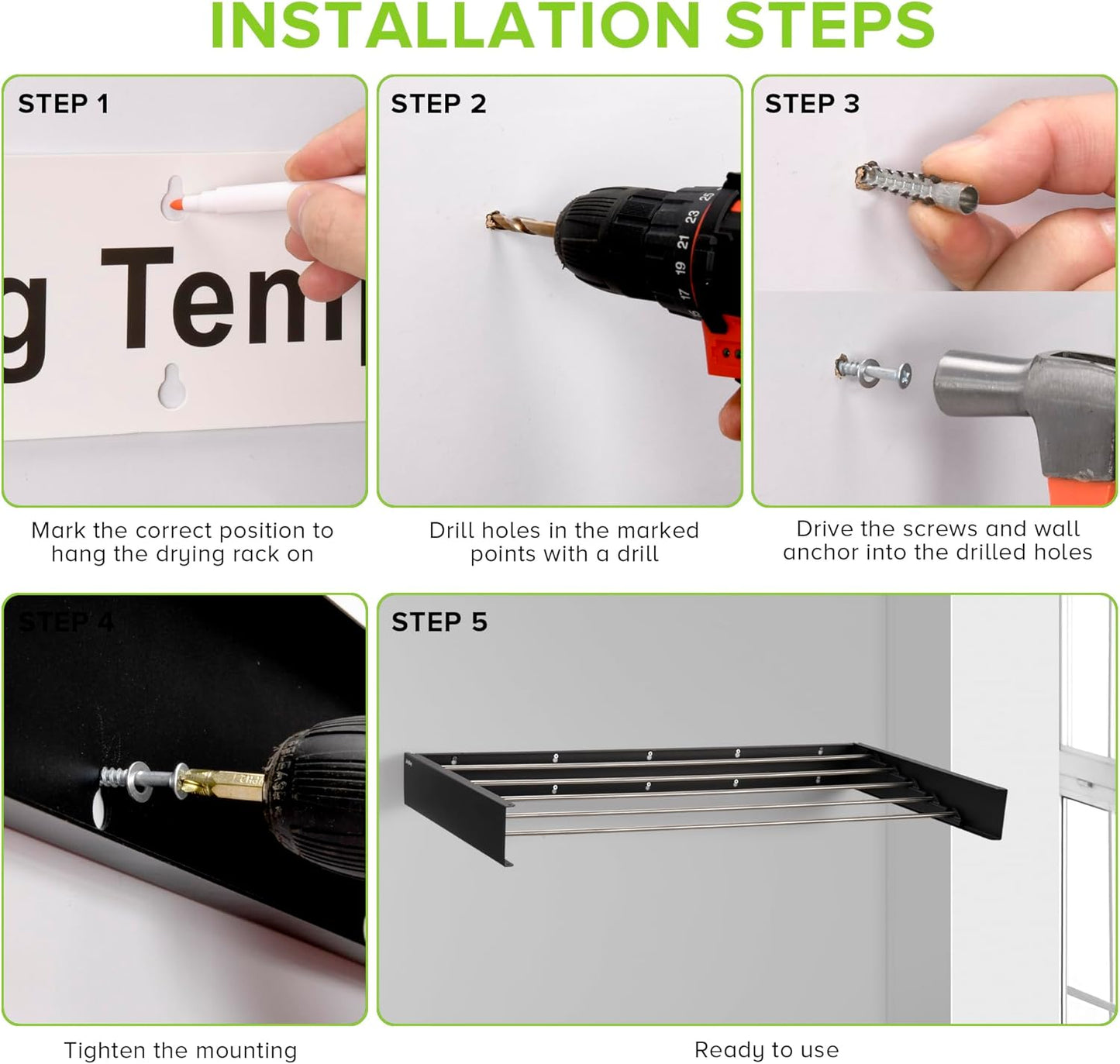 Wall Mounted Laundry Drying Rack, Retractable Clothes Drying Rack for Bathroom with Wall Template, 5 Stainless Rods Heaving 60 lb Capacity (Black, 40")