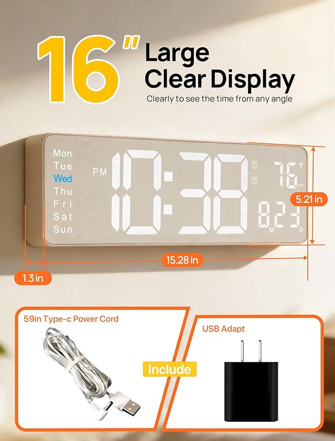 MASHI 2026 Upgrade Digital Wall Clock, 16" Large Display Digital Clock with Remote Control, Auto-Dimming Wall Clock with Night Light, DST, Date Week,Temp for Living Room, Gift for Elderly (Beige)