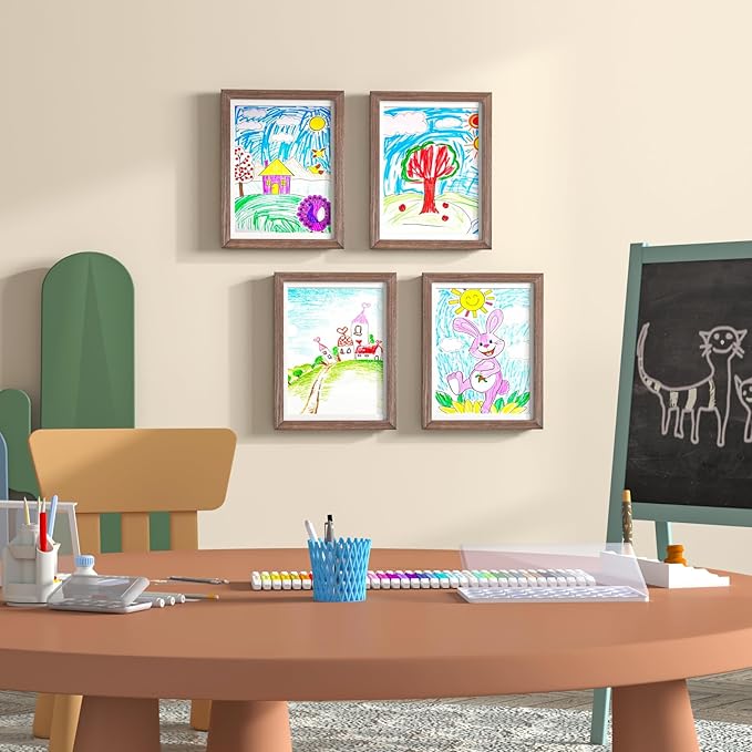 KINLINK 9x12 Kids Art Frame Set of 2, Solid Wood Kids Artwork Frames Changeable with Front Opening Hold 150 Pictures, Art Frames for Kids Art with Mat，without Mat 9x12 Picture Frame Brown Wood