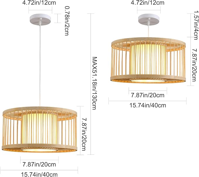 Boho Rattan Pendant Lights, 15.8" Coastal Drum Wicker Hanging Light Japanese Country Light for Dining Room Kitchen Living Room Bedroom, 1-Light E26 Base