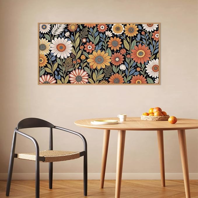 LHIUEM Large Abstract Boho Flower Framed Canvas Wall Art Set,Vintage Colorful Floral Wall Decor,Retro Wildfower Plant Painting,Botanical Artwork for Living Room,Bedroom,Dining Room,Office -20"x40"x1