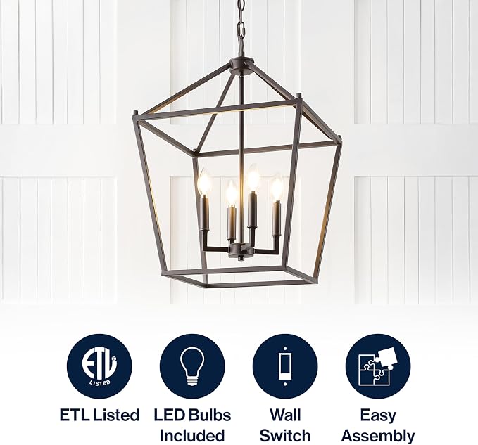 JONATHAN Y 16" Oil Rubbed Bronze Lantern Pendant Light, 4-Light Pagoda Style Metal Cage Farmhouse Hanging Ceiling Fixture for Kitchen Island, LED Bulb Included (JYL7437A)