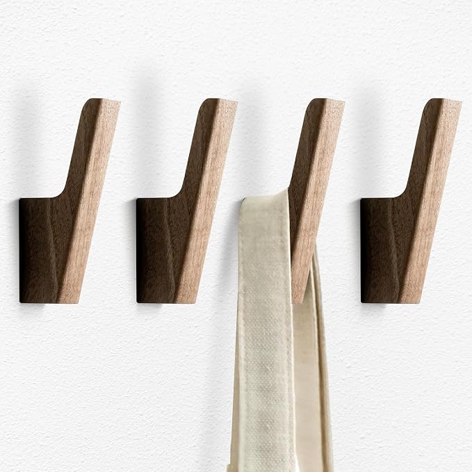 4-Pack Solid Walnut Wall Hooks, Coat & Entryway Hooks for Bathroom/Kitchen, Wall-Mounted with Screws, Anchors & Template, Holds Coats, Backpacks, Towels, Aprons (22 lb Each)