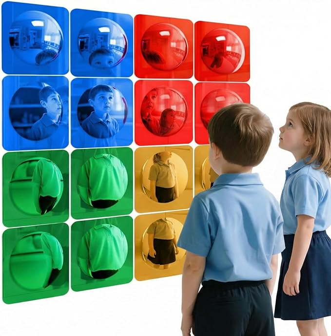 Geiserailie 16 Pcs Sensory Wall Mirror Acrylic Bubble Mirror Toys for Calming Corner Items - Sensory Room Have Visual, Tactile Stimulation (6 x 6 Inch,Red,Yellow,Green,Blue)