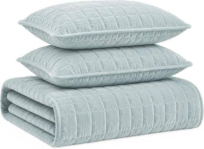 Tribeca Living Luxury Velvet Quilt King Size Set - 260GSM Ultra-Soft Oversized Velvet Bedspread Comforter Set with 2 Shams, in Florence Haze Blue