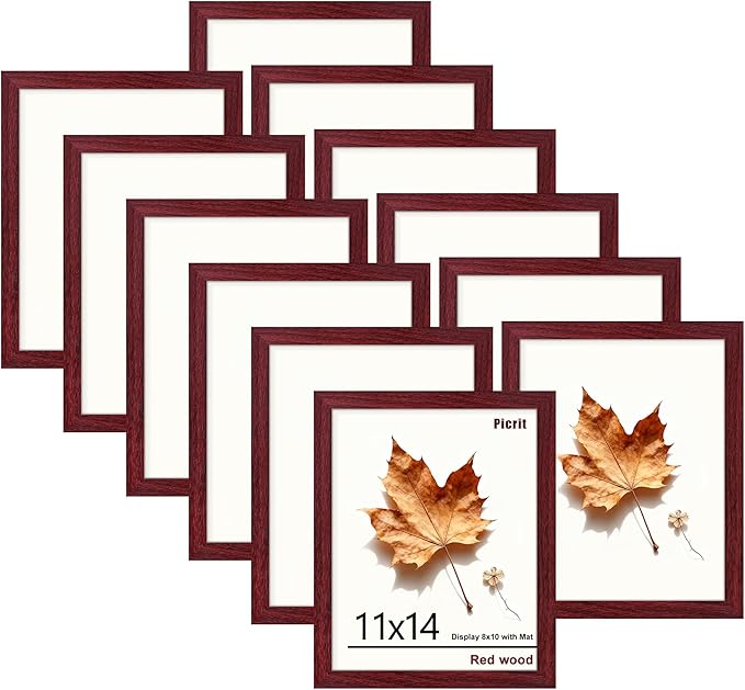 Picrit 11x14 Picture Frame Set of 12, Display 8x10 with Mat or 11x14 without Mat, Photo Frames for Wall Mounting or Table Top Display, Dark Red Wood