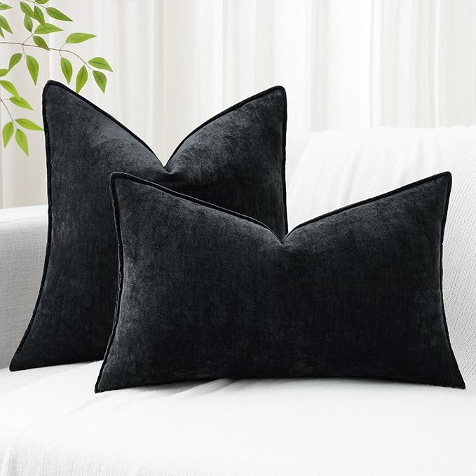 decorUhome Summer Couch Throw Pillow Covers 18x18 Set of 2, Decorative Soft Velvet Modern Cozy Chenille Pillow Cases with Elegant Design for Sofa Bed Living Room Home Decor, Black