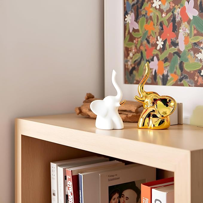 Home Decor Elephant Statues,1 Pair, Small Decorative Accents for Shelves, Livingroom and Bedroom, Gold and White
