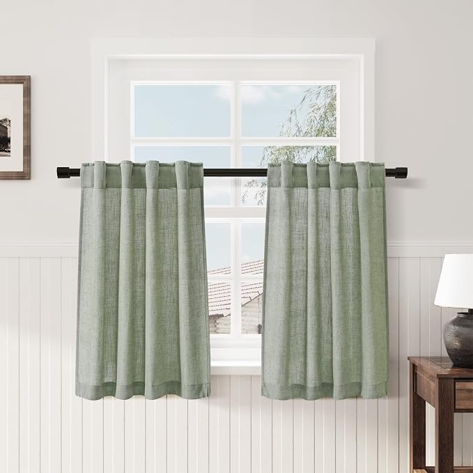 Desert Sage Cafe Curtains 30 Inch Length Linen Privacy Light Filtering Pleated Short Curtain Rod Pocket Back Tab Design Shabby Chic Kitchen for Bathroom Laundry Room Small Window 2 Panels 26Wx30L