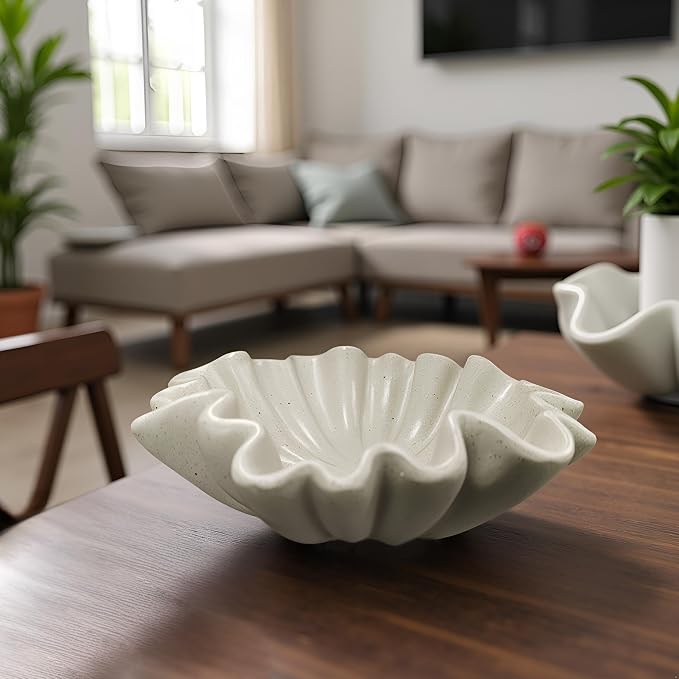 10" Large Handmade Decorative Bowl decor, Handicraft Scalloped Bowls for Modern Home Decor,Ruffle Decor,Key Bowl for Entry Table,Decorative Fruit Bowl for Kitchen Counter,Light Gray