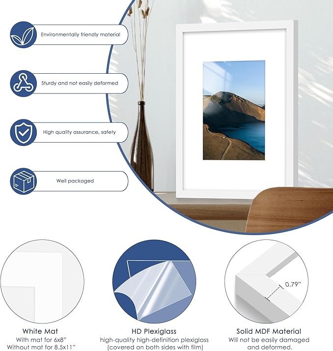 PEALSN 8x12 Picture Frame Set of 6, Display Pictures 6 x 8 with Mat or 8 x 12 without Mat for Wall Mounting or Table Top Display, Photo Frames Collage for Wall Decor, White