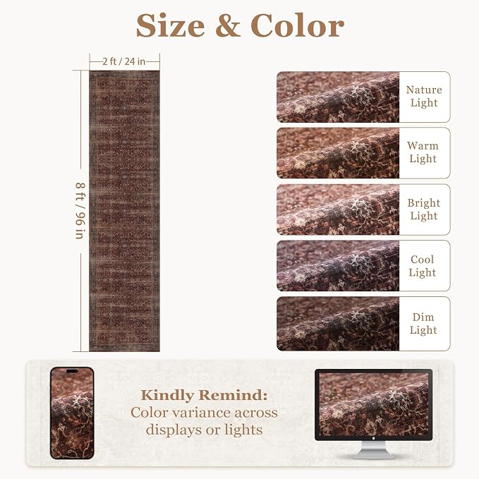 Vintage 2x8 Kitchen Runners Brick Red, Washable Non Slip Runner Rug for Hallway Entryway, Ultra Thin Low Pile Print Carpet Runner for Bathroom/Mudroom/Corridor/Laundry Room, Rustic Farmhouse