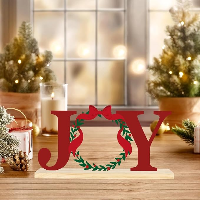 COCHIE Metal Merry Christmas Joy Sign, Christmas Wreath Table Centerpieces Decorations for Home, Office, Shelf, Mantel, Indoor, Xmas Red and Green Party Decor Supplies (XMAS B)