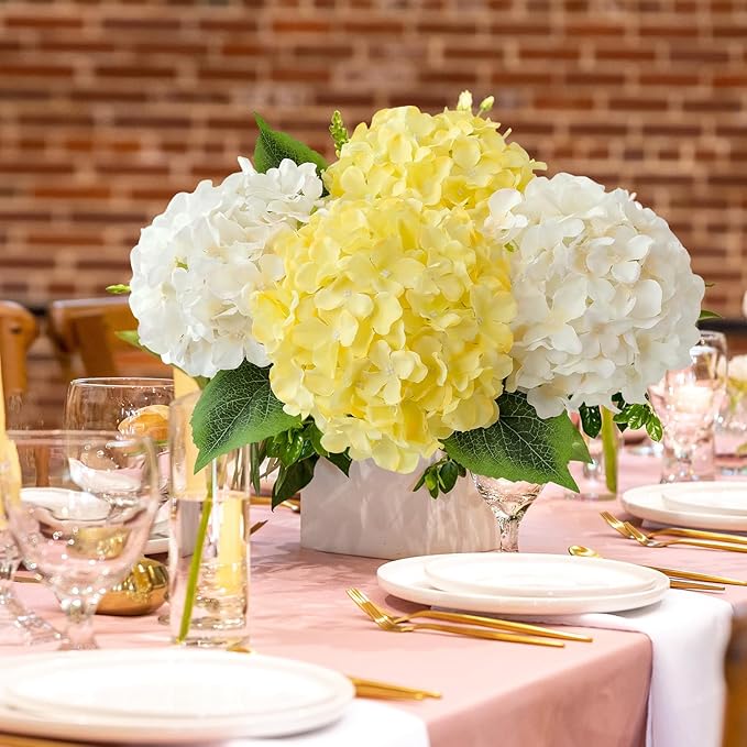JINWOE Yellow Fake Hydrangea Flower Heads with Stems, 5Pcs 20Inch Full Fake Flowers for Wedding Home Garden Indoor Bouquet Table Centerpieces Floral Arrangements