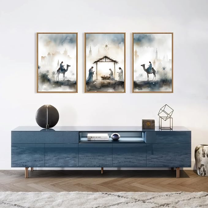 DRACIT Large Catholic Jesus Nativity Scene Framed Canvas Wall Art Set,Watercolor Holy Birth of Jesus Wall Decor,Trendy Christian Religious Artwork for Living Room,Bedroom,Church-24 x36 x3