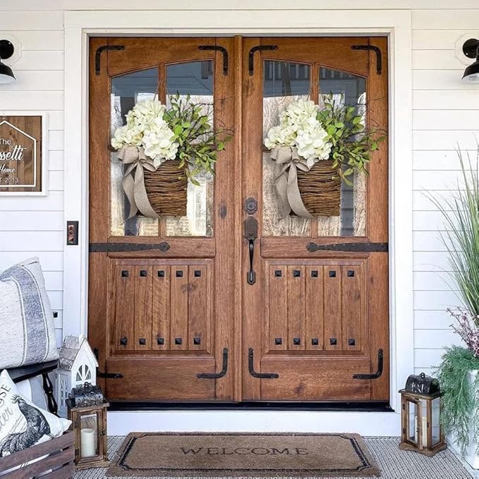 2026 Cream Hydrangea Door Hanger Basket Wreath, Spring Summer Wreaths for Front Door Wildflowers Front Door Basket Wreath Artificial Flower Hanging Basket for Home Farmhouse Seasonal Decor (A)