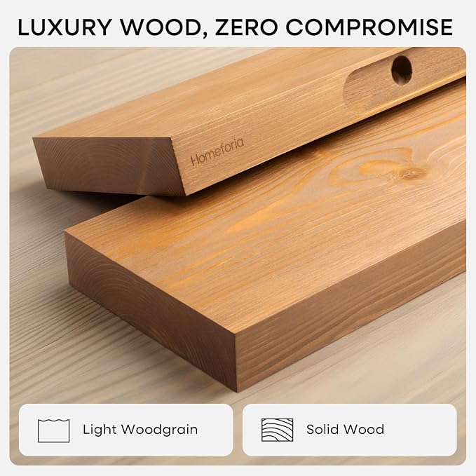 Homeforia 24 inch Golden Oak Floating Shelf, High End Solid Real Wood 24inch Small Floating Shelves for Wall Mounted, Oak Wooden 24in Floating Shelves, Heavy Duty Bracket, 24 X 6.5 X 1.75 in, Set of 4