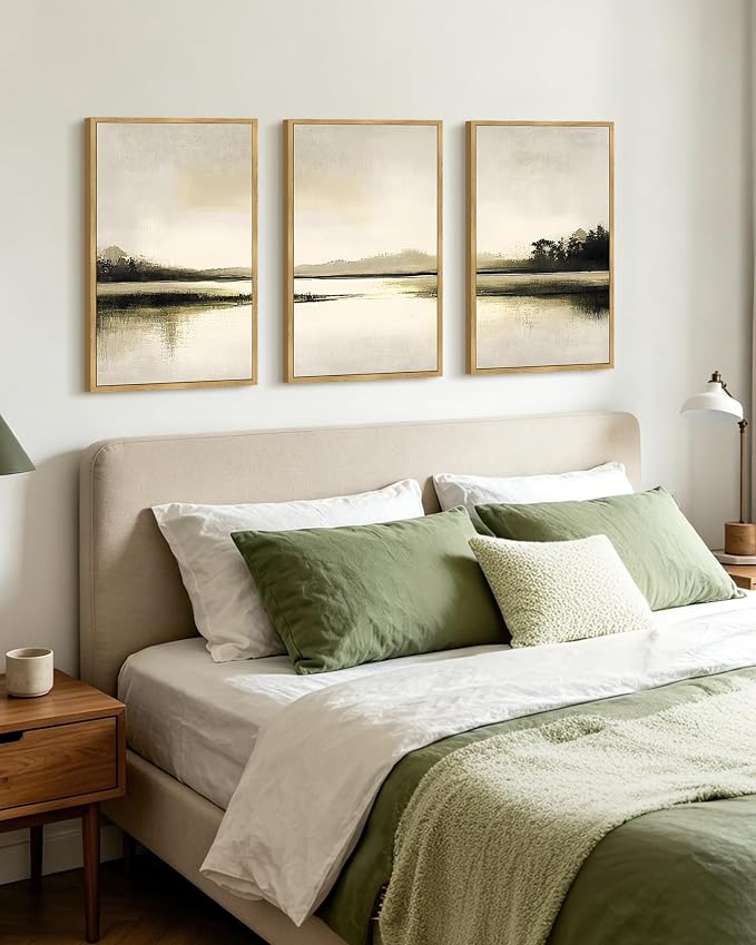 PHOPAGO Abstract Lake Landscape Framed Wall Art Large 16x24in Watercolor Nature Wilderness Paints Nordic Neutral Tan Illustration Decorative - Natural Framed