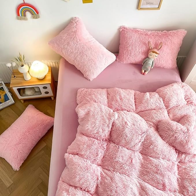 chovy Faux Fur Plush Light Pink Comforter Sets Twin/Full Size - Ultra Soft Shaggy Flannel Velvet Fluffy Fuzzy 3PC Bedding Set （Comforter x 1 Pillowcases x 2）