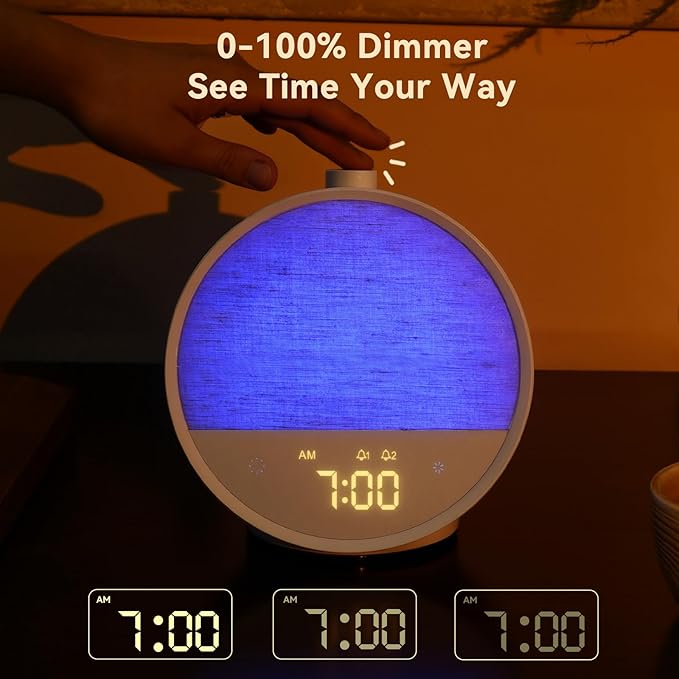Vivilumens Sunrise Alarm Clock, Gentle Wake-Up Light & Sound Machine, Dual Alarms for Heavy Sleepers Adults, Natural Sounds, RGB Mood Light, Dimmable Bedside Night Lamp Ideal for Bedroom & Gifts