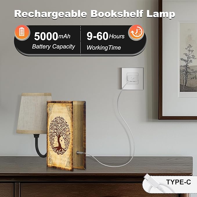 Vintage Bookshelf Lamp Rechargeable, Cordless Book Lamp with Linen Shade, Dimmable Touch Control Table Lamp, Modern Decorative Bookend, Bookshelf Lights for Office Home, Library, Study