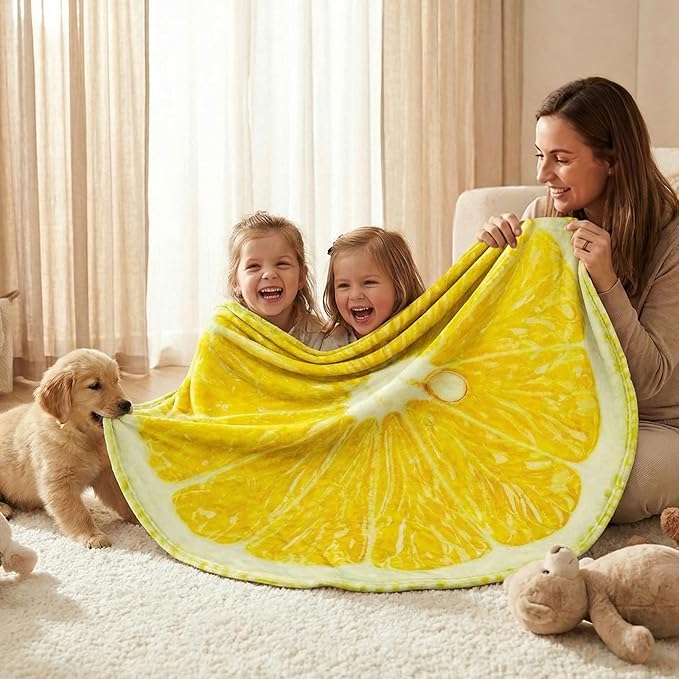 Vessia Food Throw Blanket(60inches, Yellow), Realistic Funny Lemon Blanket for Adults and Kids, 300GSM Novelty Round Fruits Printed Throw for Couch, Sofa, Bed, Fun Home Decor for All Seasons