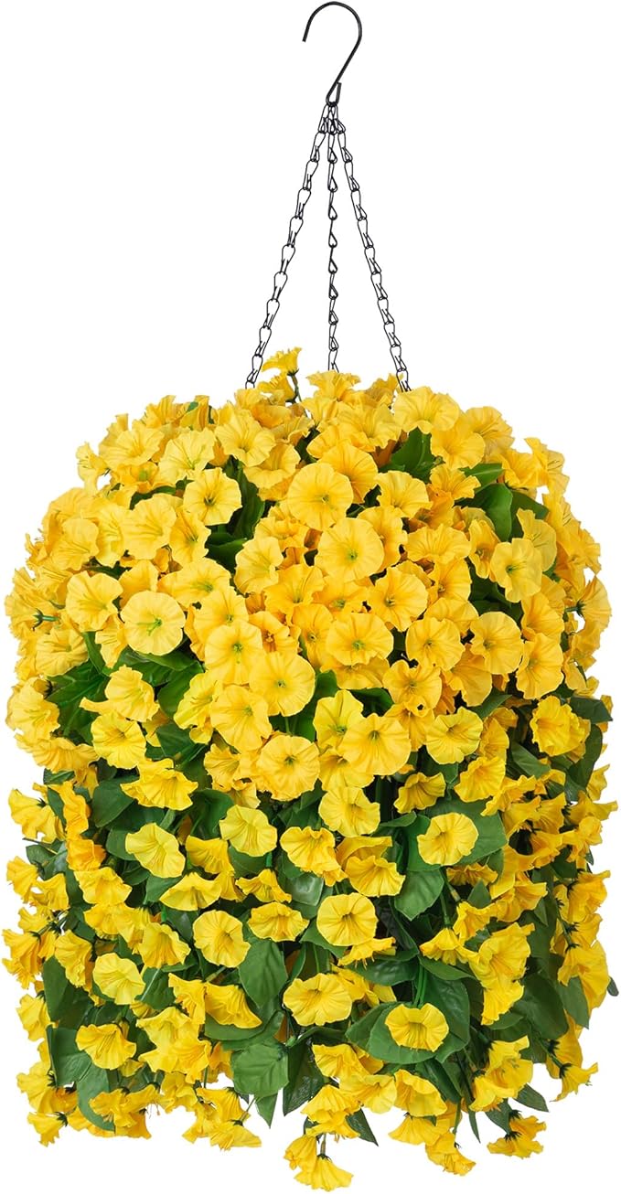 Ammyoo Artificial Faux Hanging Flowers Basket for Spring Summer Outdoor Porch Decor, Fake Silk Colorful Morning Glory Eucalyptus in Planter UV Resistant Look Real for Home Balcony Yard(Yellow)