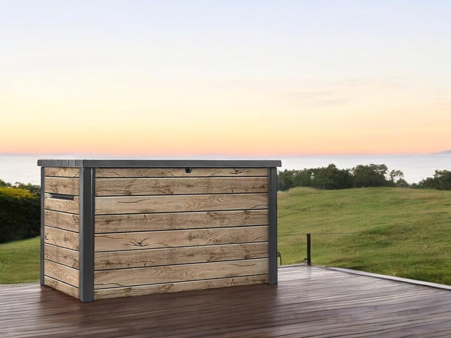 Outdoor Storage Box, Wood-Look Resin Deck Container, Indoor/Outdoor Storage, Ash Wood Brown (230 Gallon)