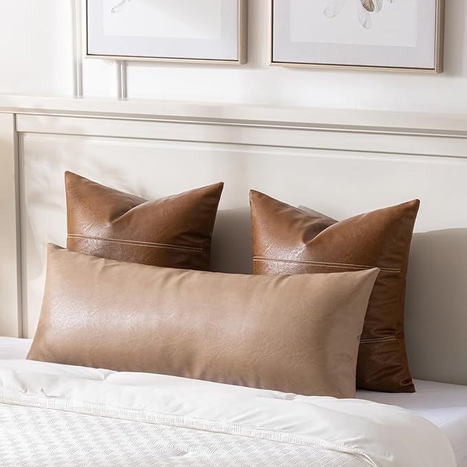 Fancy Homi Tan Boho Long Lumbar Faux Leather Body Decorative Throw Pillow Cover 12x40 Inch for Bedroom Couch Bed Sofa, Stylish Solid Rectangular Beige Pillowcase, Rustic Modern Farmhouse Room Decor
