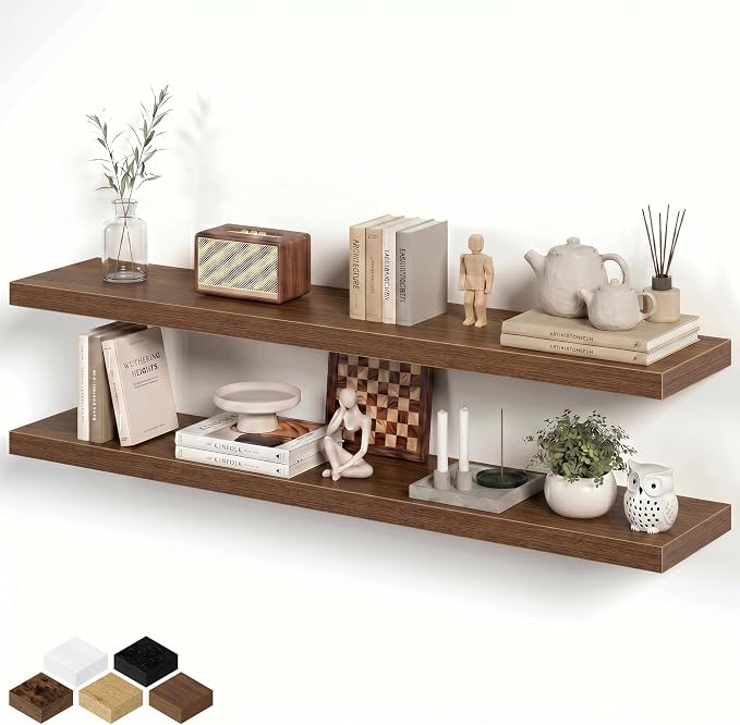 Fun Memories 55 Inch Long Floating Shelves for Wall, 8" Deep Floating Shelves for Bathroom Living Room Bedroom, Rustic Wall Mounted Shelf with Invisible Heavy-Duty Bracket, Set of 2, Walnut