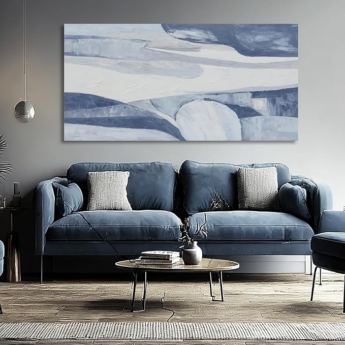Hue7Art Modern Abstract Canvas Wall Art Blue and White Minimalist Landscape Painting, Soft Flowing Texture Artwork for Living Room Bedroom Office Hallway Wall Decor 24x48 Inch